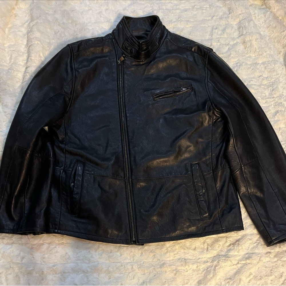 Calvin Klein Black Leather Jacket coat  Size Large